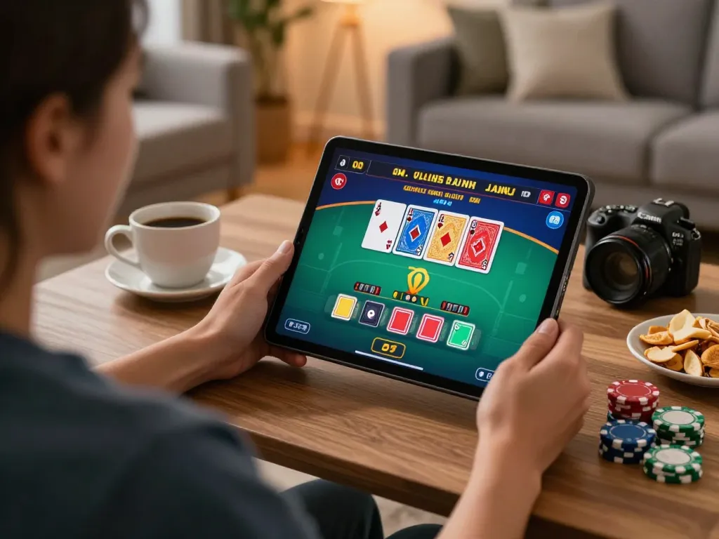 Engaging online gaming action on lucky88mobi with live dealer blackjack display, showcasing strategic play in a cozy home environment.