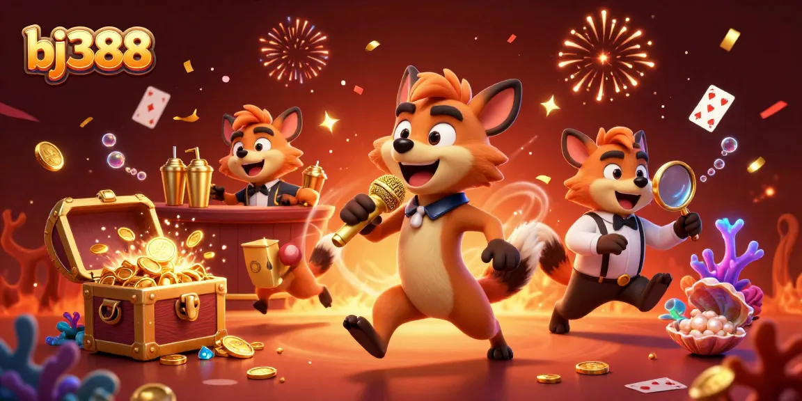 Join the fun at bj388's comedy casino with lively hyena characters and festive atmosphere.