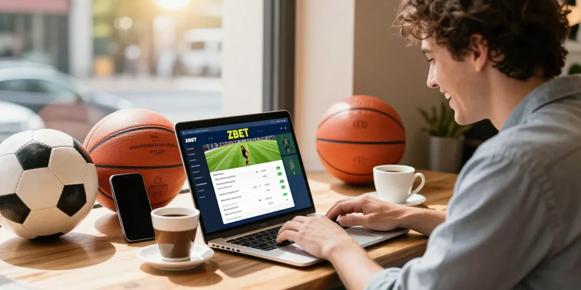 ZBET online betting scene with a user joyfully betting on sports at a cafe.
