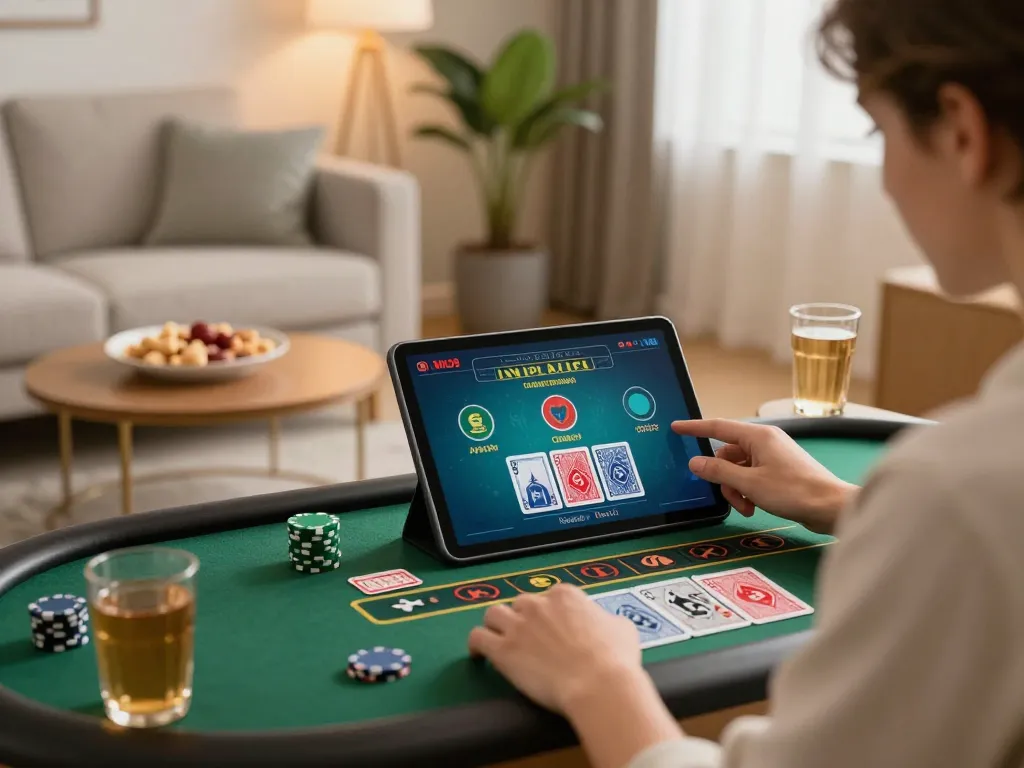 Engaged player analyzing cards on https://789win2.us.com/ during live dealer game on tablet in cozy home.