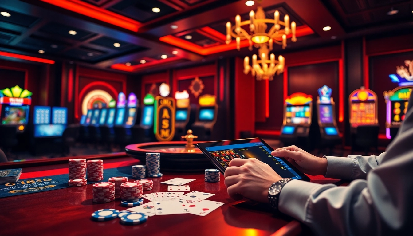 Experience the trust of rr88 có uy tín with a luxurious online casino scene, featuring vibrant gambling elements and a player enjoying the game.
