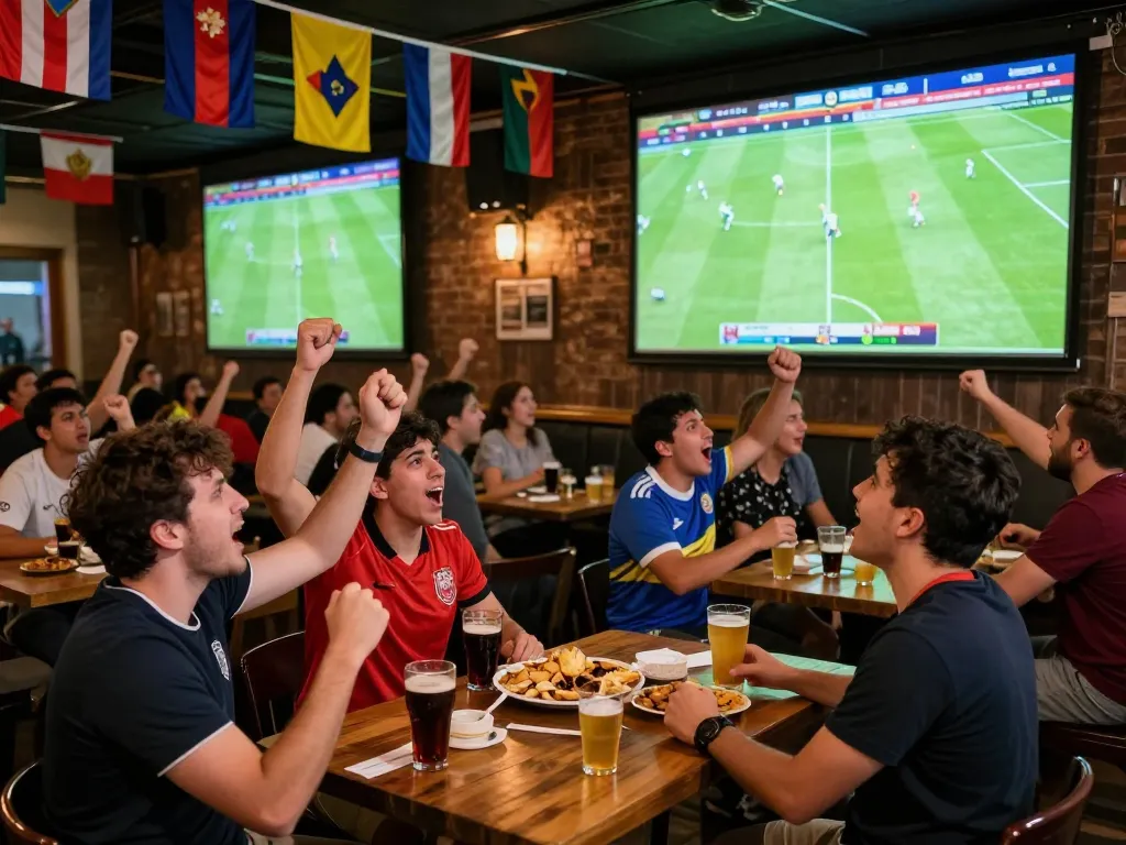 Fans enjoying trực tiếp bóng đá at a lively sports bar with screens and cheers.