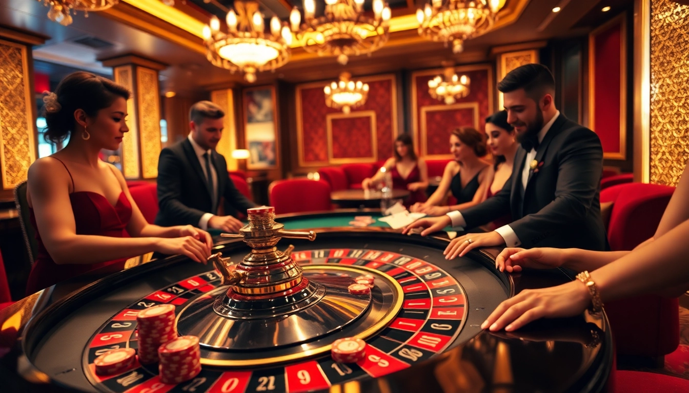 S8 Casino players placing bets at a luxurious roulette table surrounded by poker chips and cards