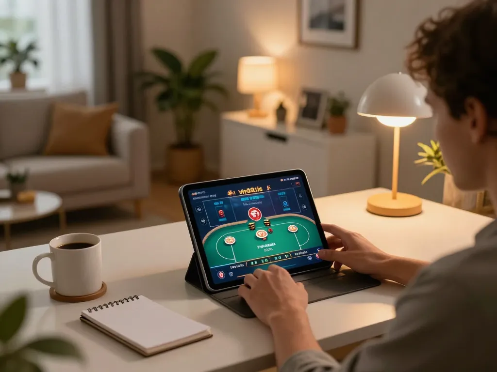 Engaging in online poker gameplay at a cozy home setup featuring https://vin88.is/ and strategic notes for responsible gambling.