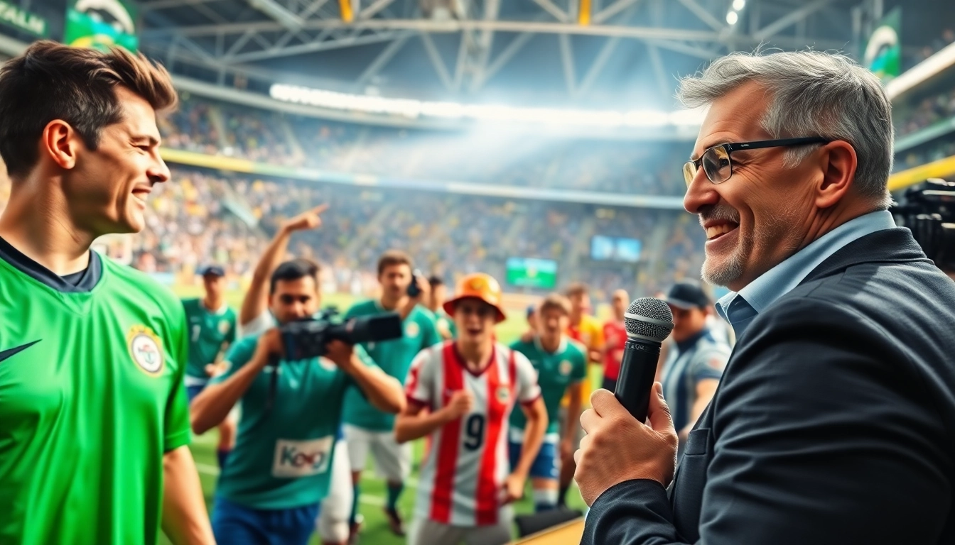 Sports Broadcasting event showcasing diverse athletes and a commentator in an energetic stadium atmosphere.