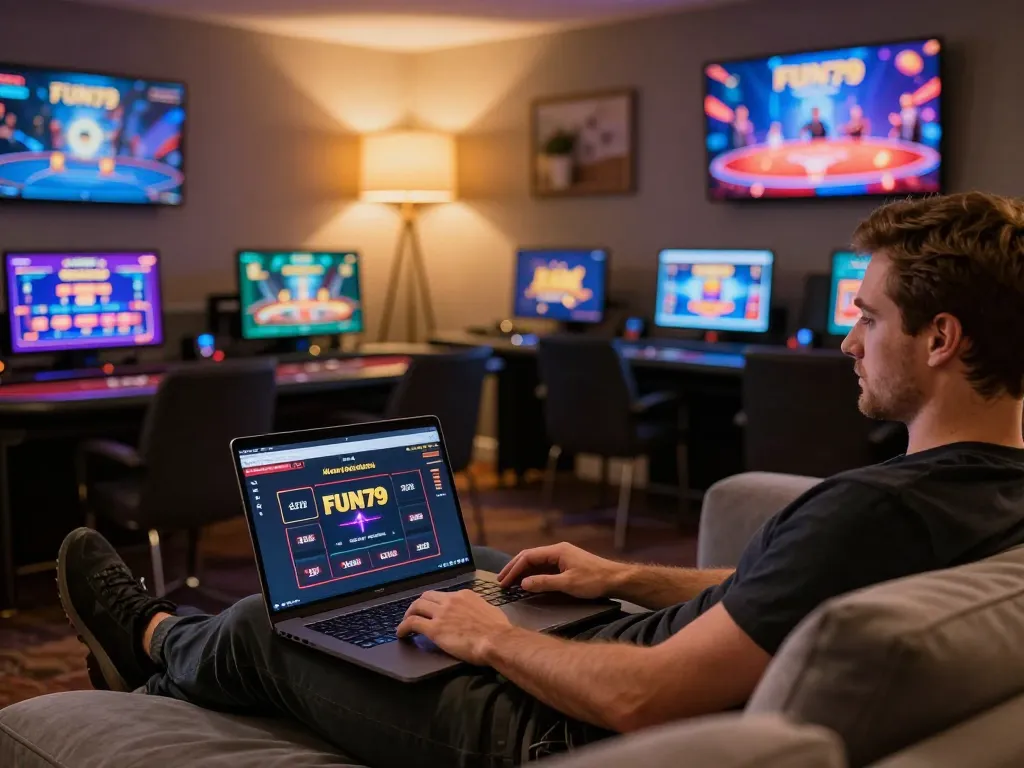 Engaging with the FUN79 platform through an online casino gaming setup at home
