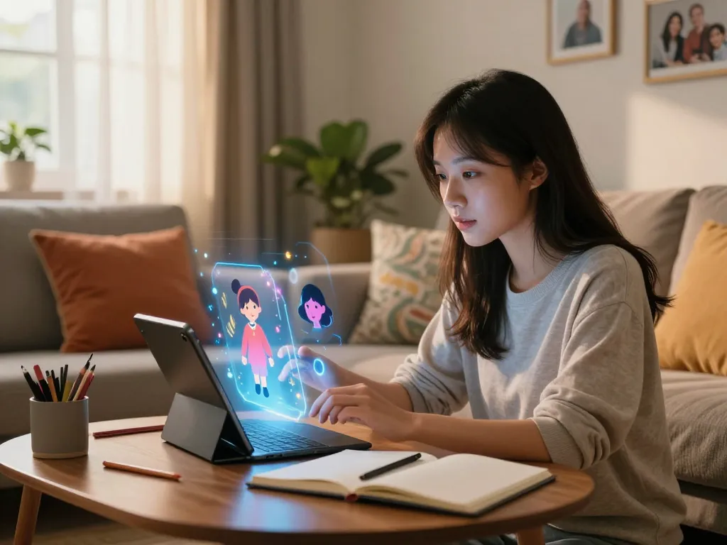 Young woman interacting with an AI slut companion on tablet in cozy setting, showcasing digital creativity.