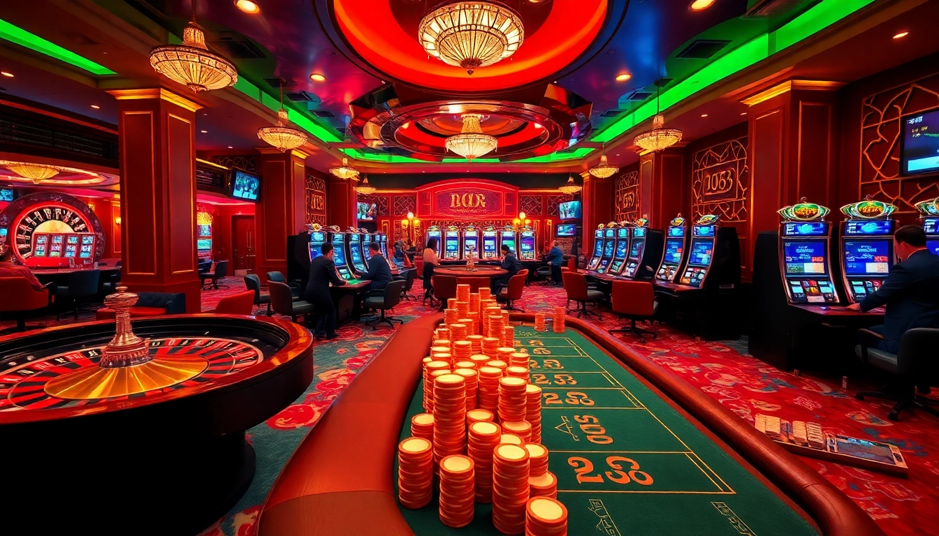 Dynamic casino gaming scene at nhà cái bj88, featuring vibrant tables and excited players.