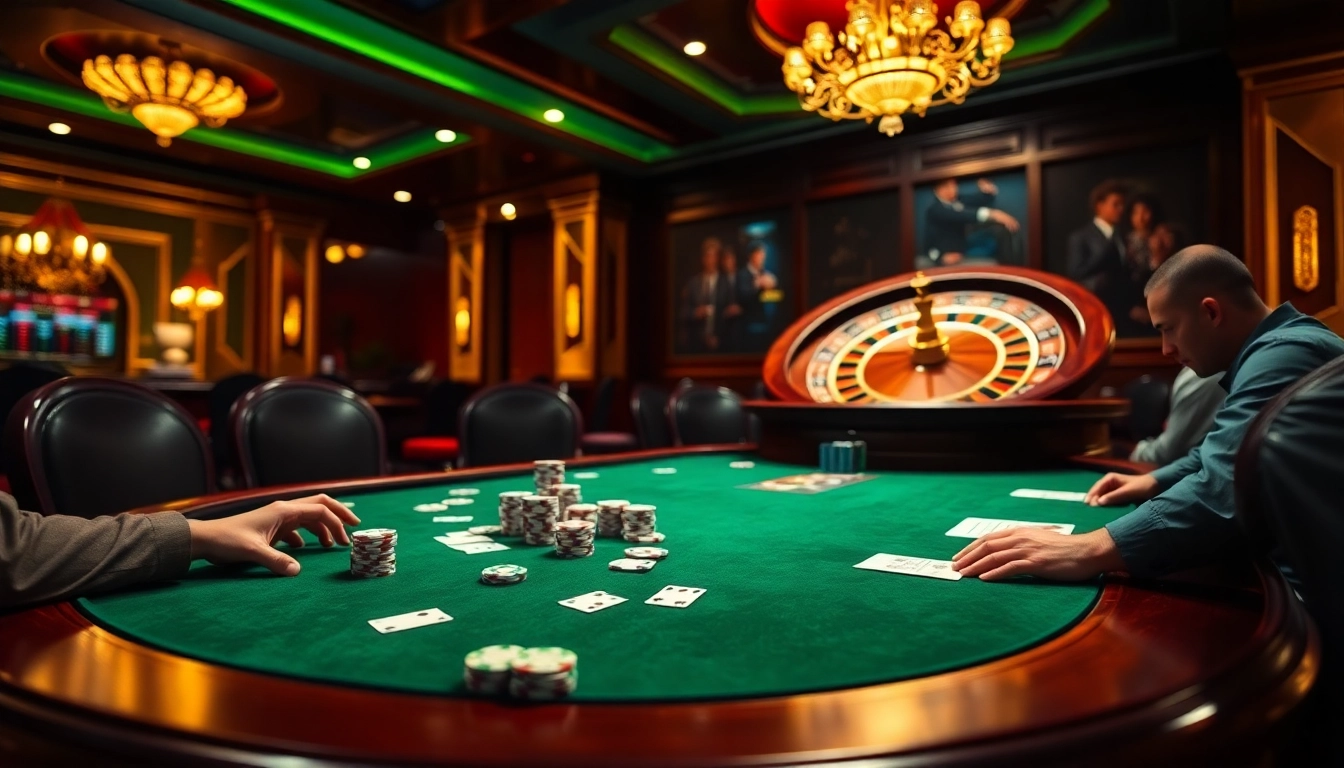 The vibrant excitement of high-stakes poker at https://kong88.win with players, chips, and cards in a luxurious casino.