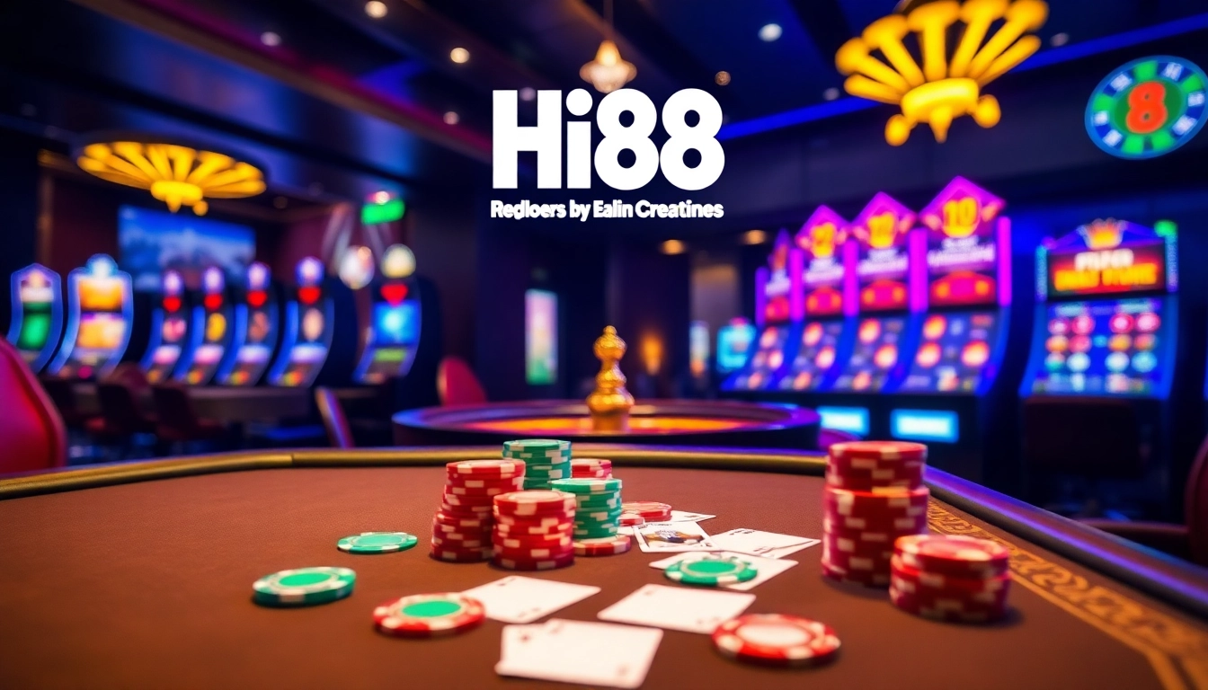 Hi88 casino scene with poker cards and roulette wheel, showcasing excitement and luxury in gambling.