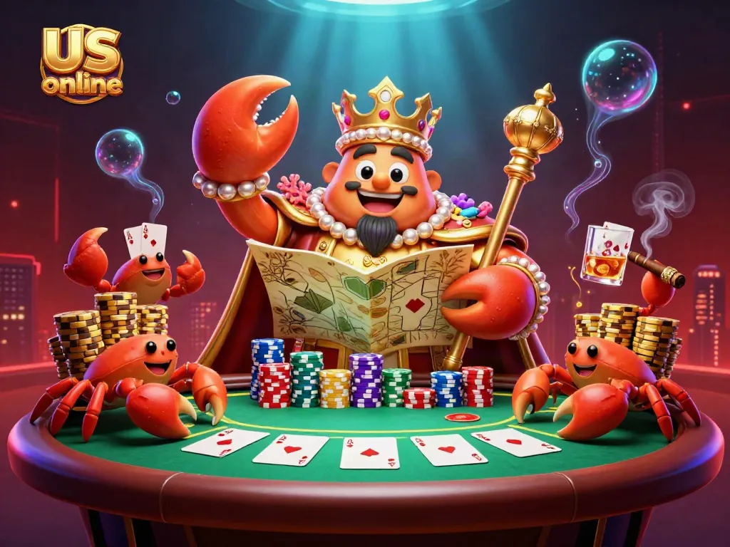 Experience a thrilling us online casino scene with a golden crab emperor and poker elements.