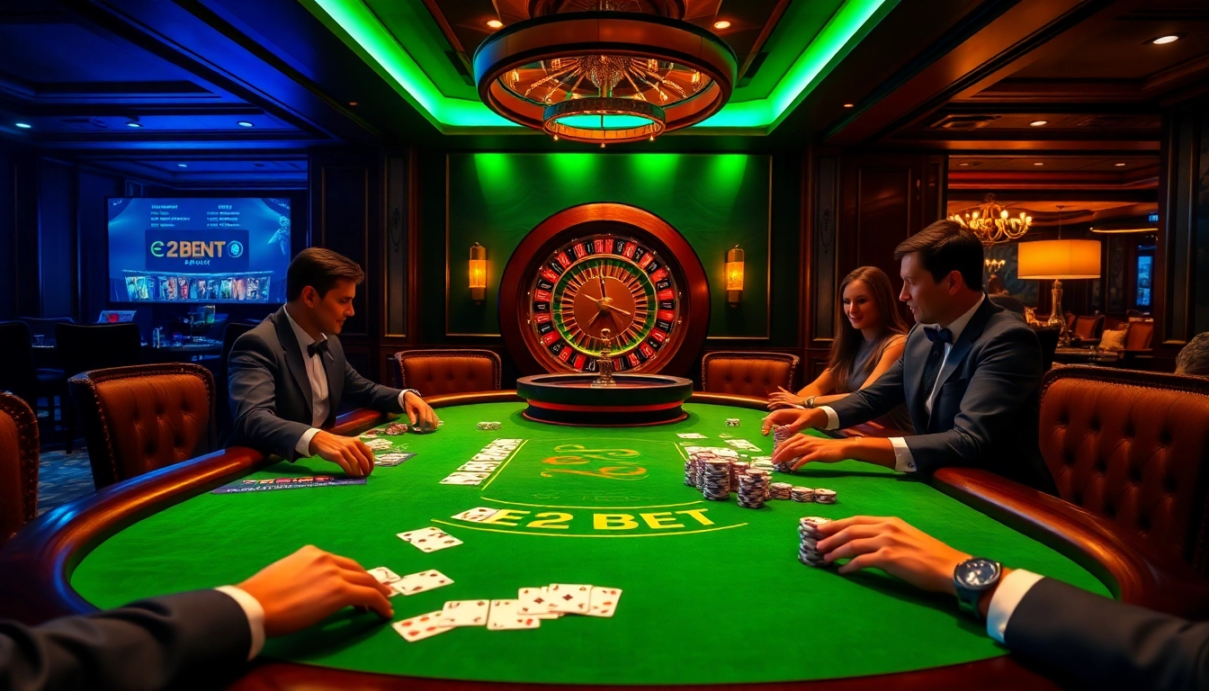 E2 BET players engaging in an upscale poker game at a luxurious casino table, showcasing excitement and vibrant colors.