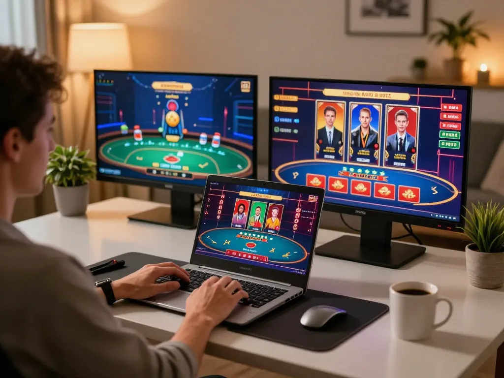 Player engaged in Sunwin online casino gaming on a laptop, showcasing strategic gameplay and comfortable setup.