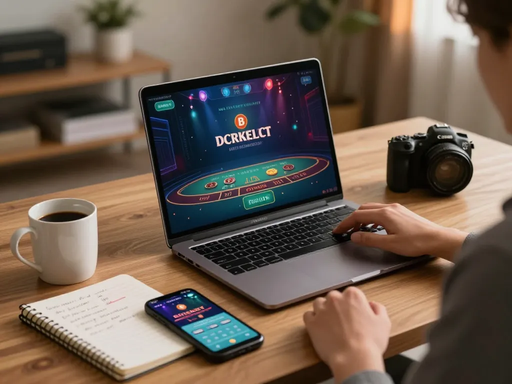 kk55 player analyzing strategy during online blackjack game on a laptop in a cozy home office