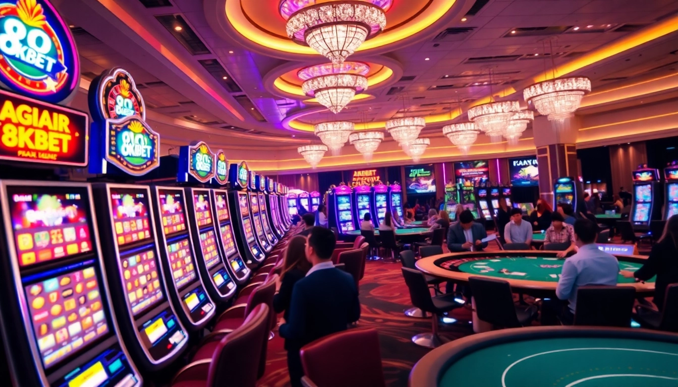 Exciting gambling atmosphere at 8KBET with vibrant slot machines and poker tables.