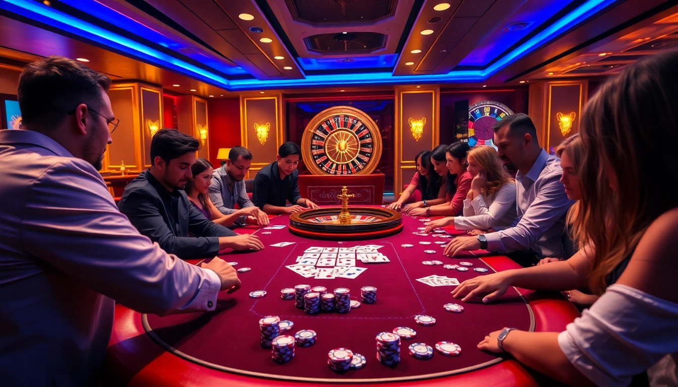 Experience thrilling gameplay at UU 88's luxurious poker table surrounded by excited gamblers.