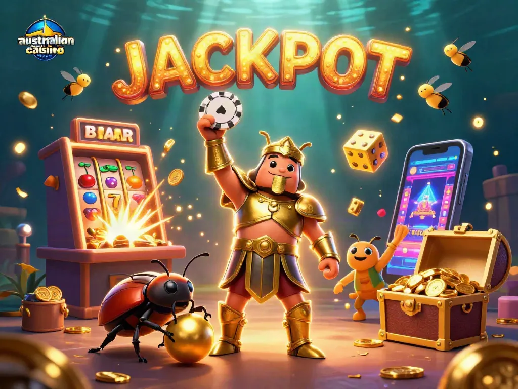 Engage with the excitement of australian mobile casino sites through a vibrant illustration featuring playful characters and casino elements.