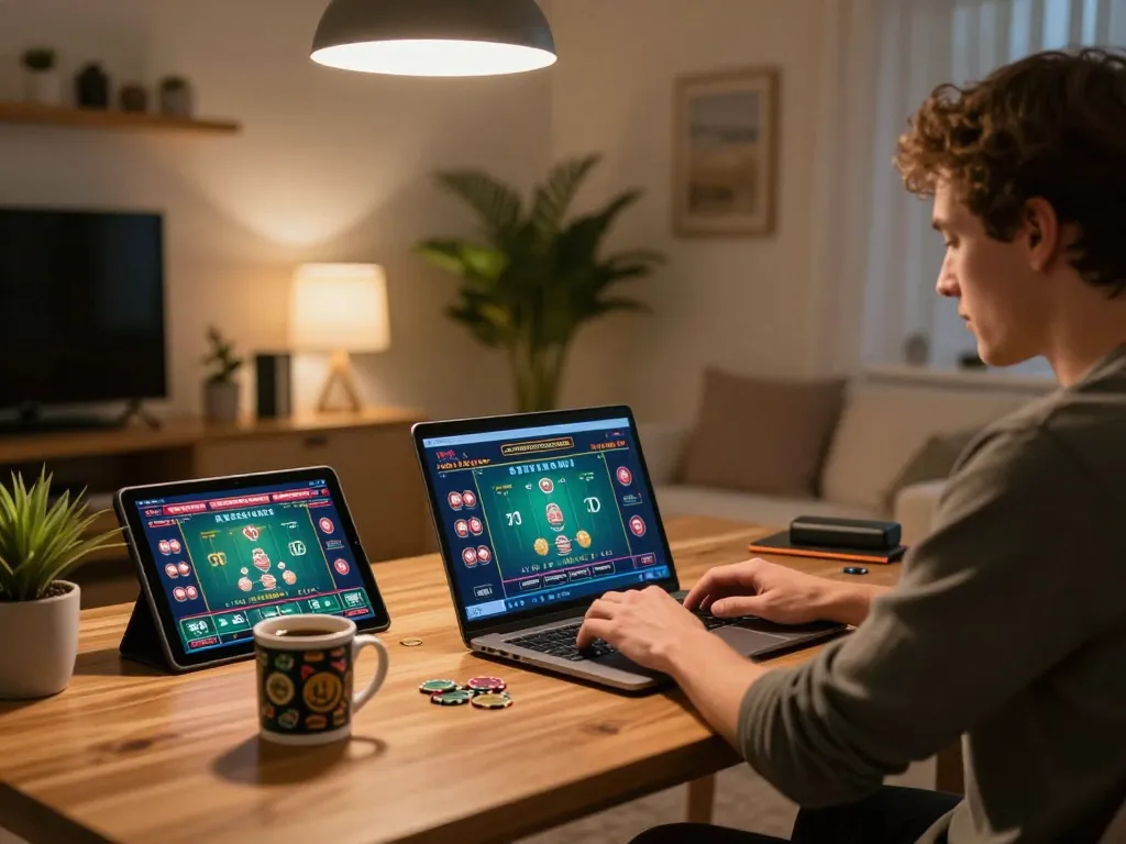 Engaged player participating in online casino gaming at home, showcasing da88 interface on laptop.
