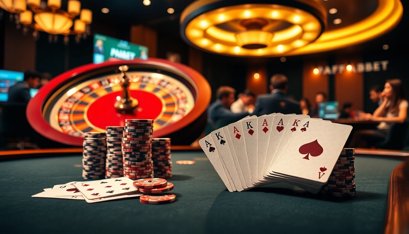 Players engaging in high-stakes poker at FABET, with stacked chips and a spinning roulette wheel in the background.