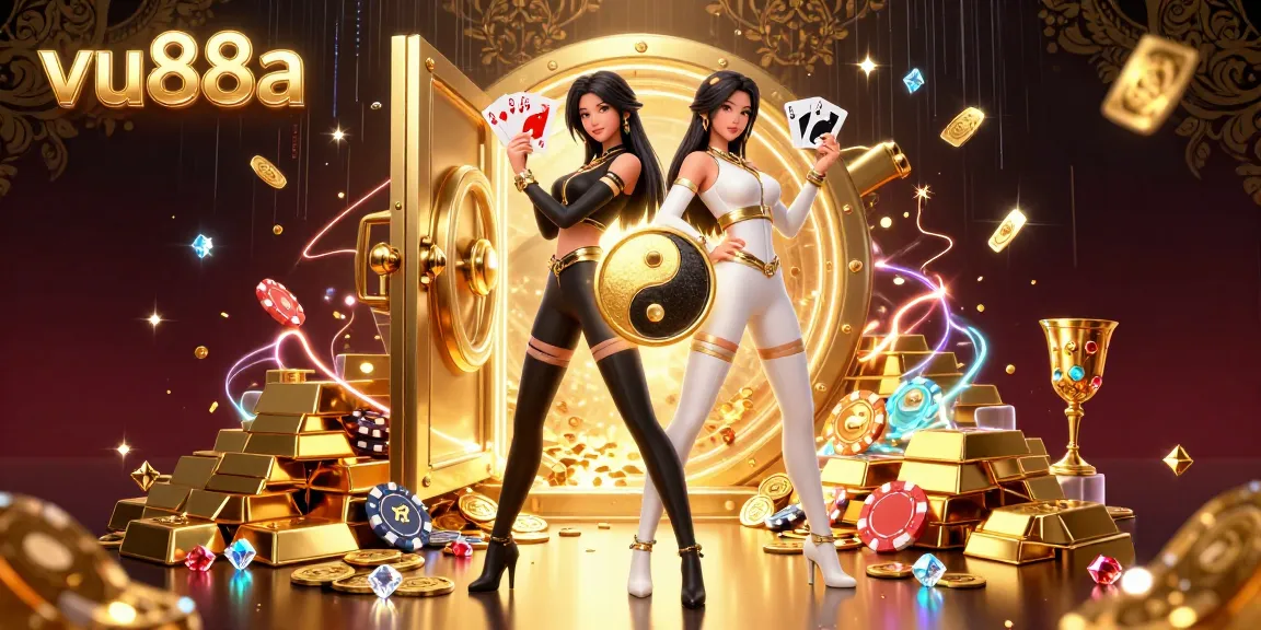 Winning in vu88a's captivating casino landscape with striking Asian twin hosts and treasure elements.