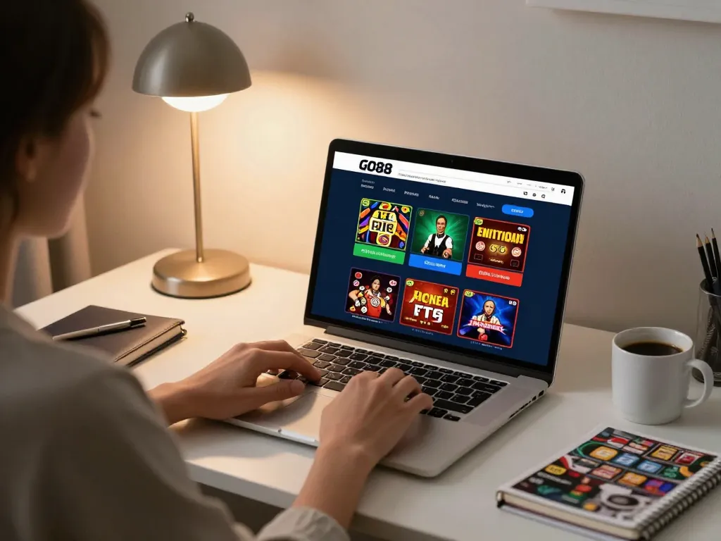 Engaging with the GO88 online casino platform on a laptop while practicing responsible gaming strategies