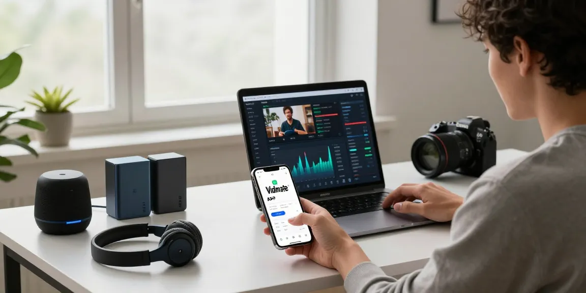 Discover features of Vidmate APK in a modern workspace setup with devices and downloads showcased