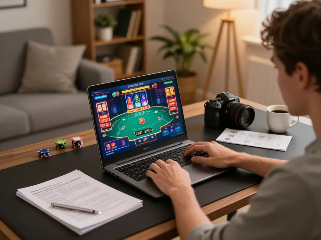 Player engaged in thrilling online casino action at BL555, displaying poker game interface on a laptop with strategy notes.