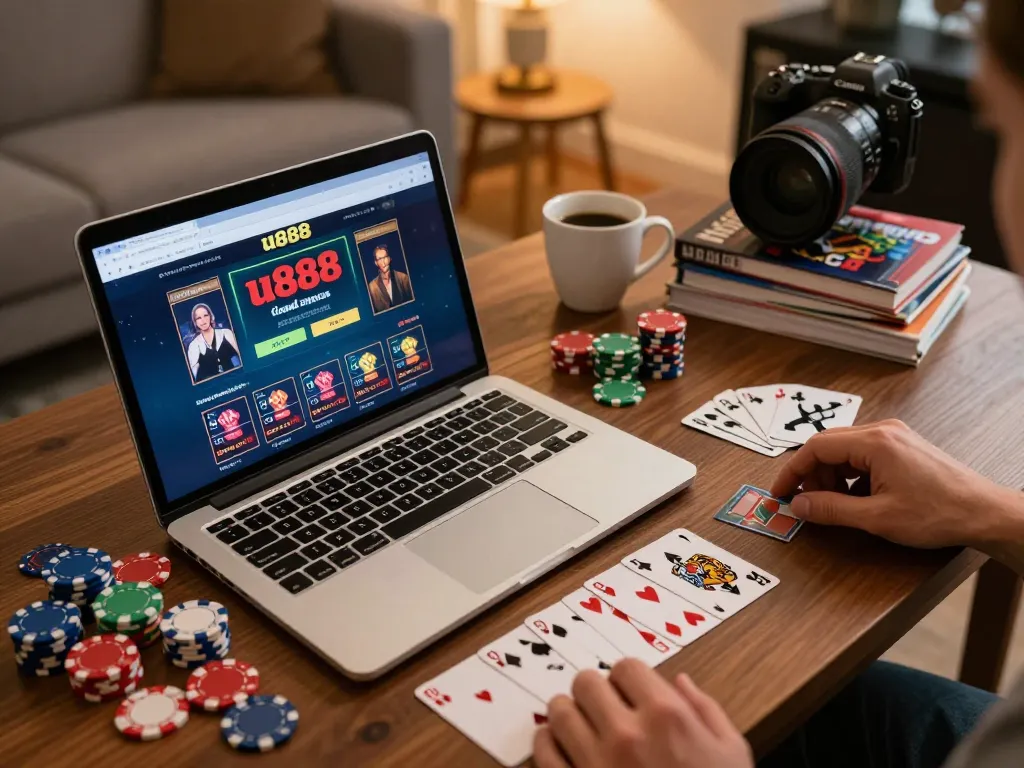 Person engaging with u888 online casino on a laptop at home, surrounded by poker chips and strategy notes.