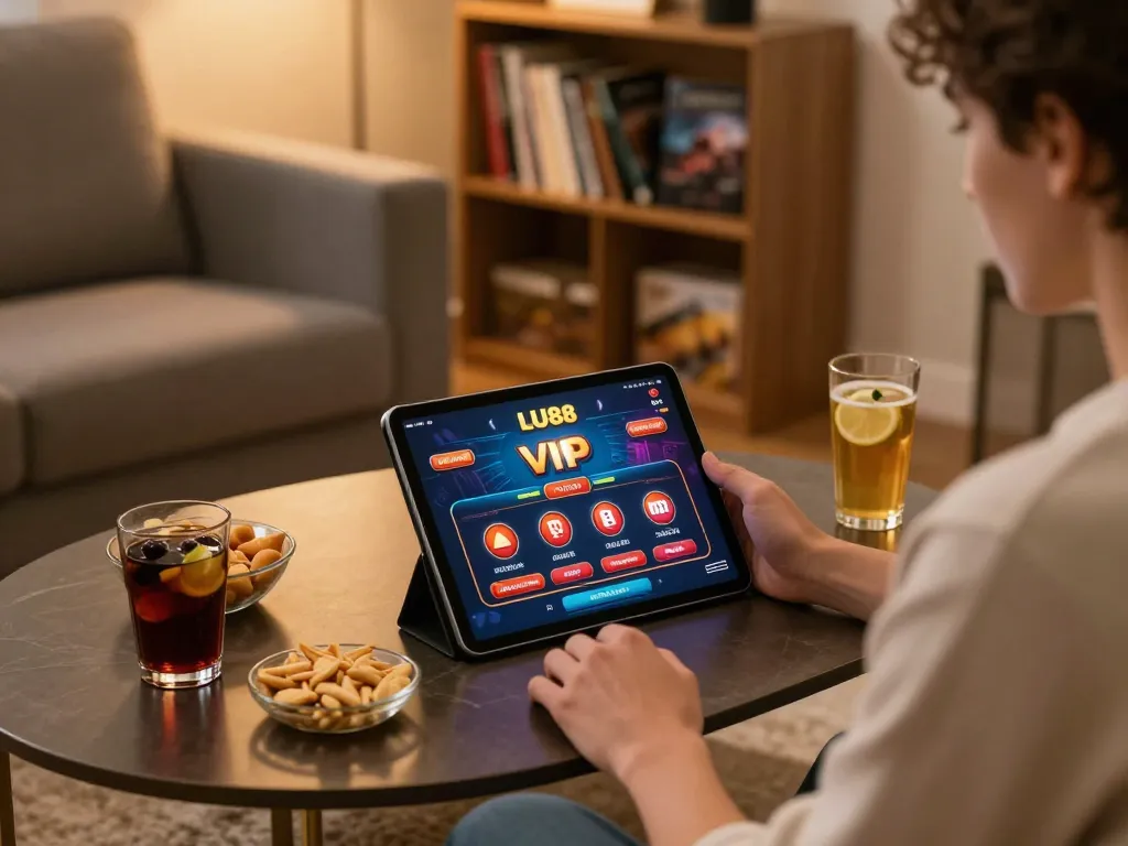 Engaging in online gaming with lu88vip on a tablet in a cozy atmosphere