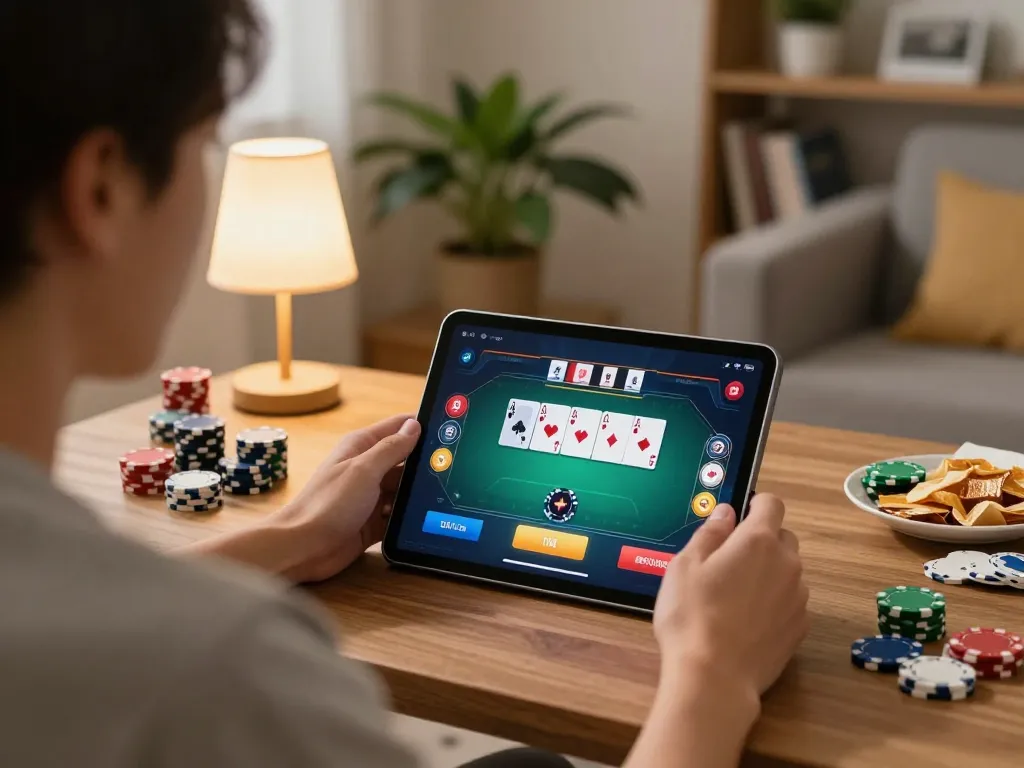 Engaging in online poker gaming on a tablet while exploring strategies with tx88 at home