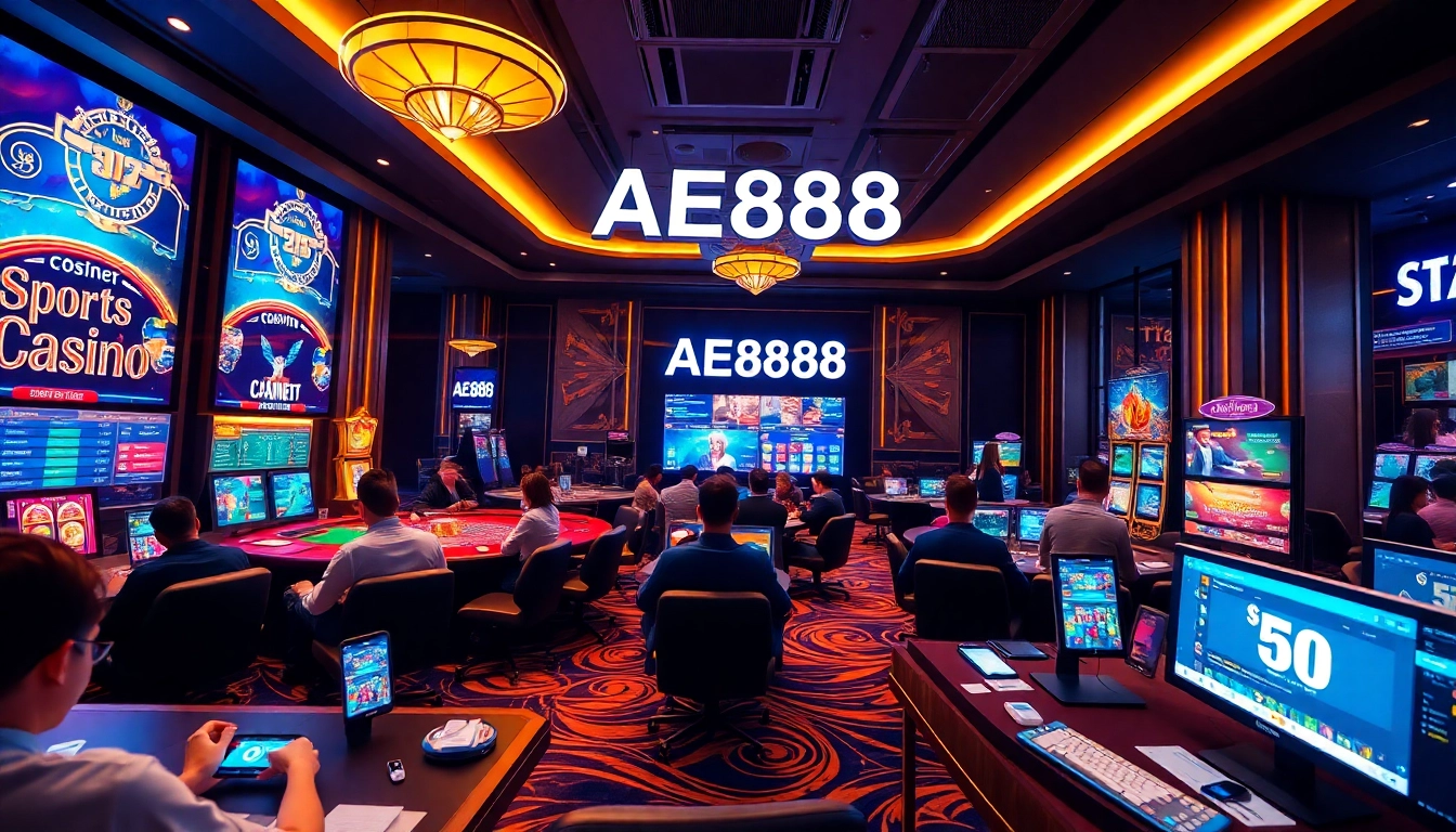 Experience the vibrant AE888 online gaming casino with players engaged in thrilling games and sports betting.