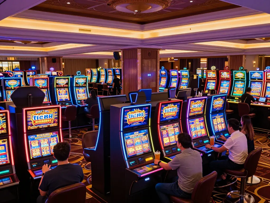 Players spinning the reels at tic88's colorful slot machines in a lively casino setting.
