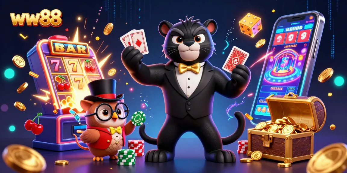 ww88 engaging scene with a tuxedoed panther dealing cards, an owl with poker chips, and a lucky mouse amidst dynamic casino elements.