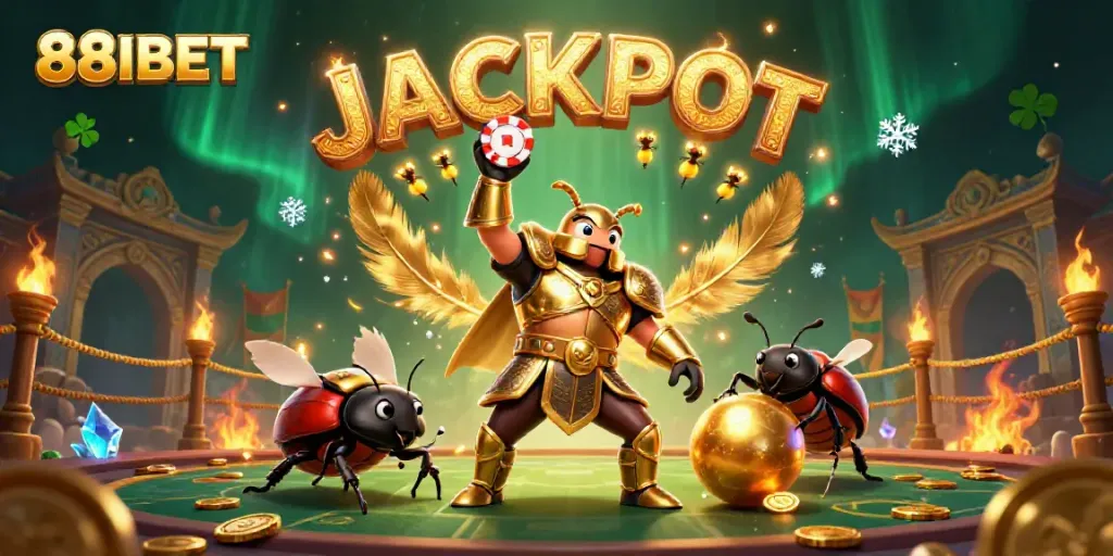 Experience the excitement of 88IBET as a heroic beetle celebrates a big win with vibrant casino elements.