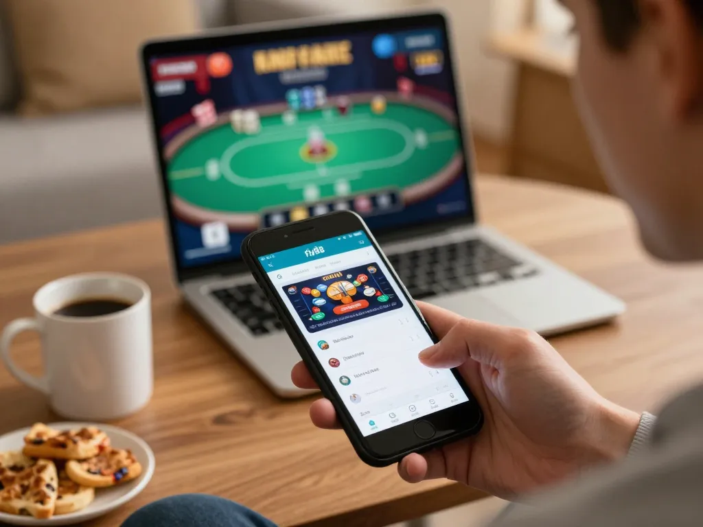 Engaging with the fly88 mobile app for online gaming in a cozy home setup.