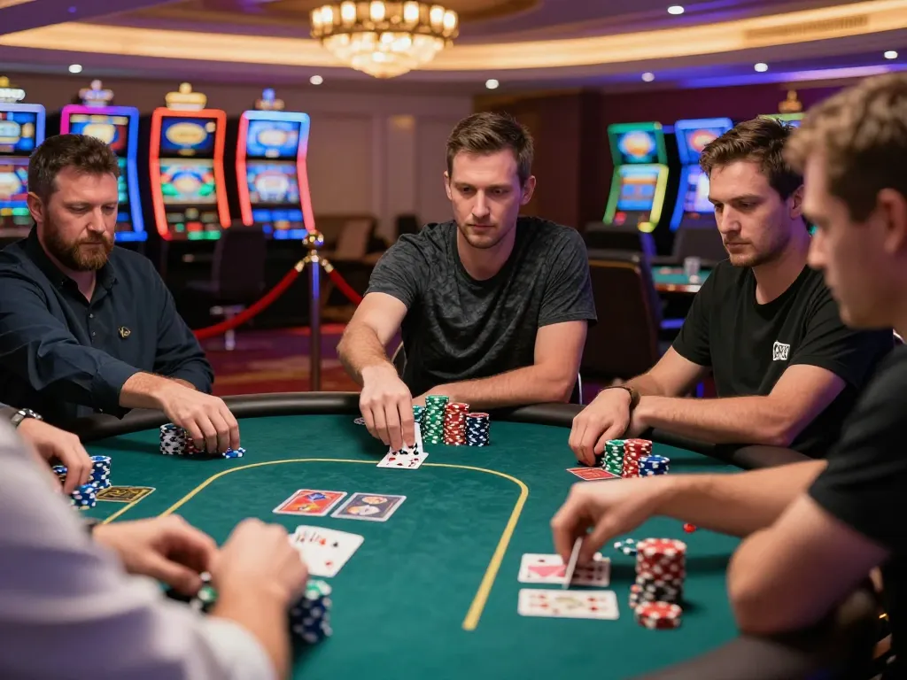 TT88 players strategizing at a poker table with intense focus and vibrant casino atmosphere.