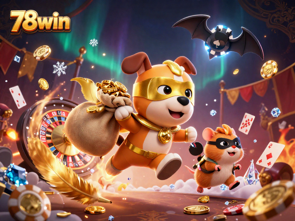 Witness the flying superhero dog and hamster in a vibrant 78win casino scene filled with poker elements and gold.