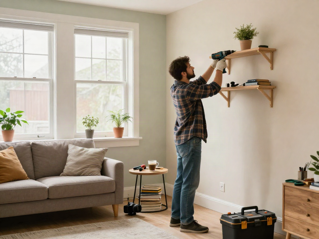 Home repair services Des Moines Iowa with handyman installing shelves in a cozy living room