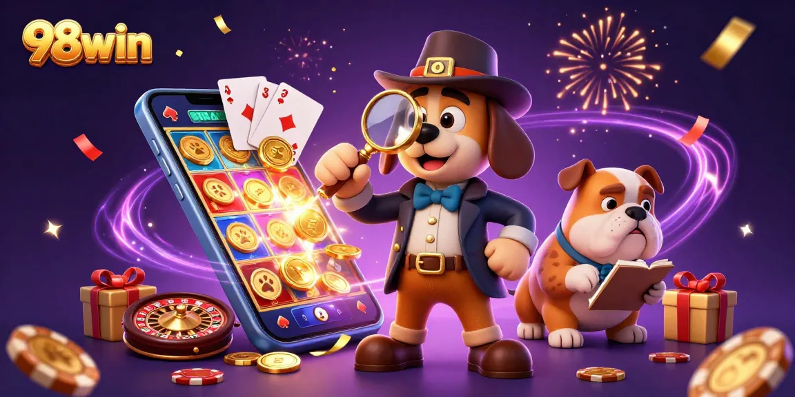 Join the adventure at 98win, solving clues amidst vibrant casino games and golden treasures.