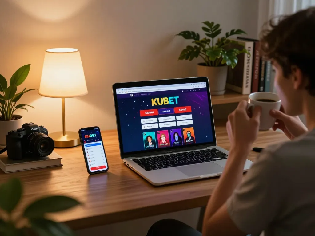 KUBET user engaging in online gambling with a laptop at a cozy home desk.