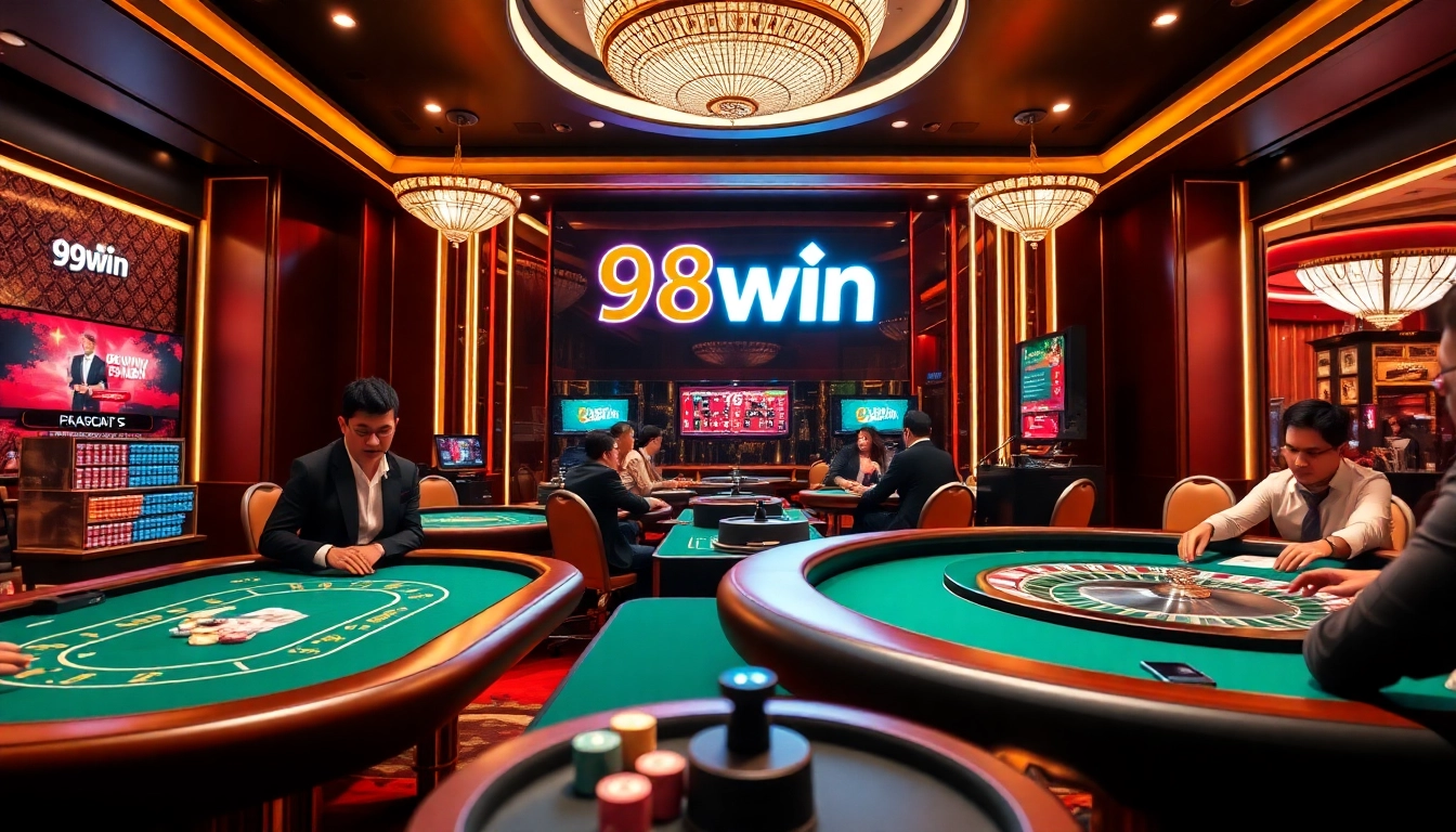 Players betting excitedly at 98win's vibrant casino, capturing the thrill of gambling.