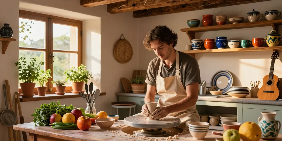 Craftsman shaping Deruta pottery in a warm Italian kitchen