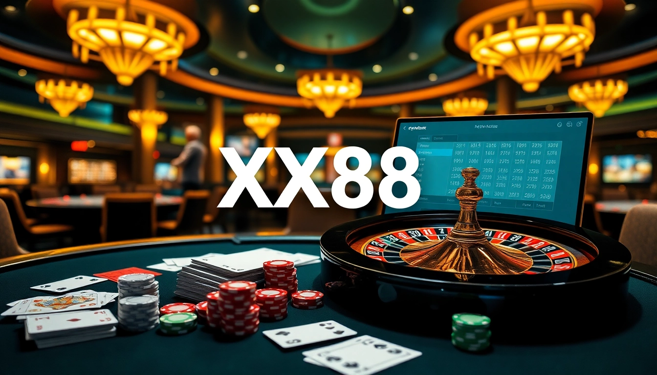 Experience the thrill of XX88 with poker chips and a roulette wheel on a stylish casino table.