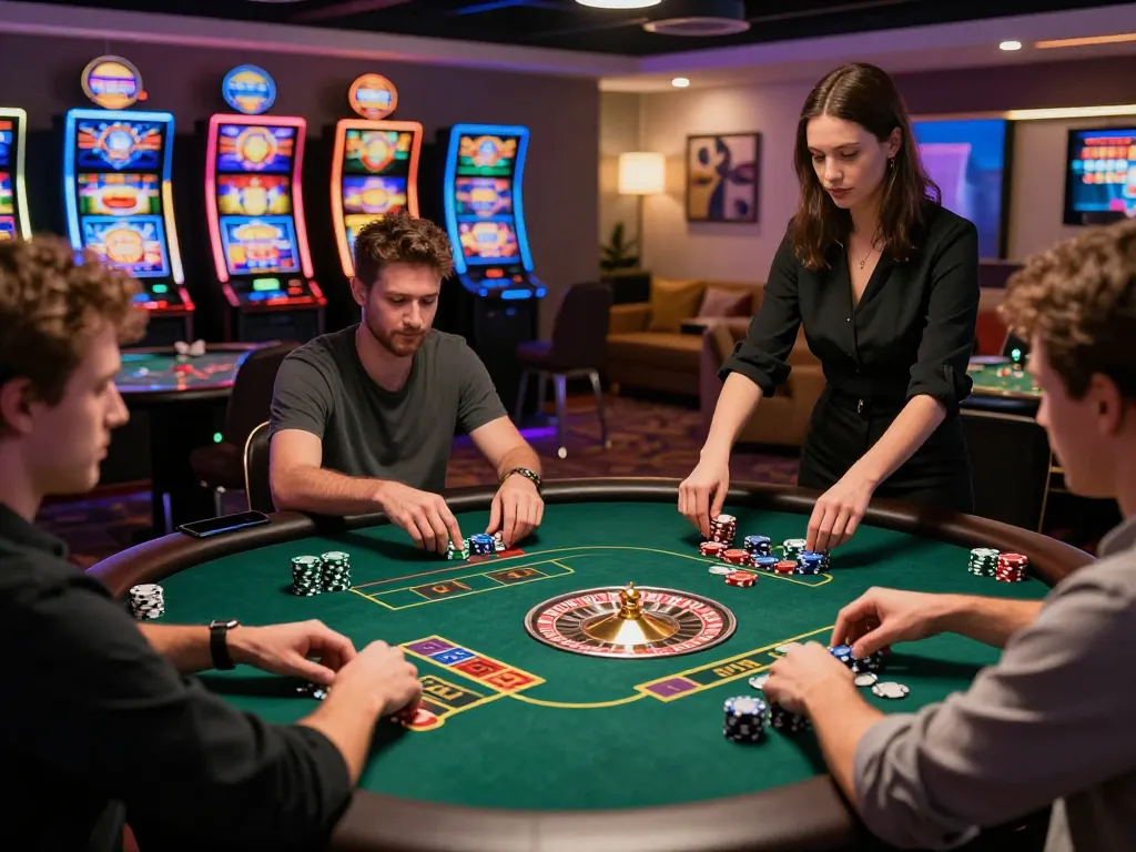 Engaging online gambling scene at TG88 with players intensely participating in poker and roulette.