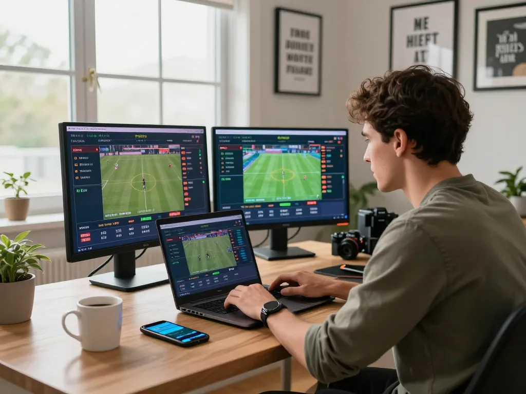 Engaged user at https://bong99vn.win/ placing bets on live sports, modern workspace atmosphere.