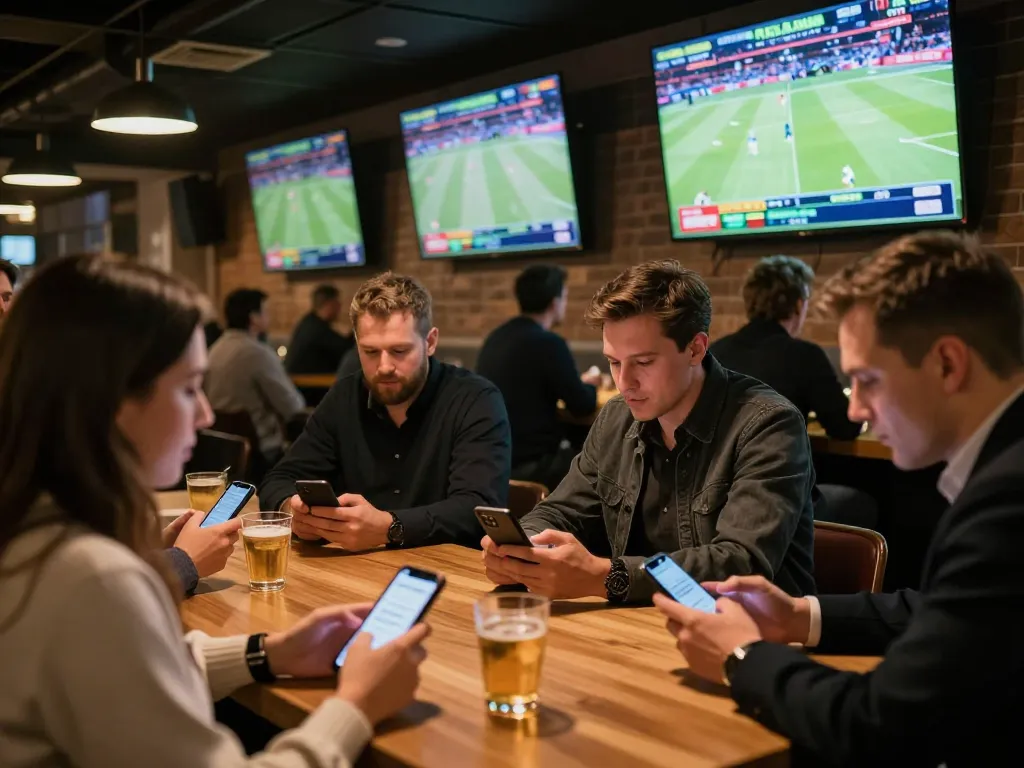 Excited patrons engaging in Kèo nhà cái hôm nay at a sports bar while placing bets on live games.