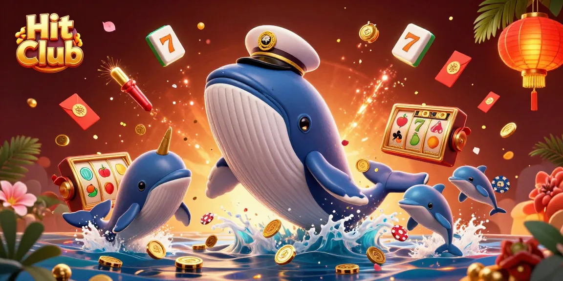 Play and win at Hit Club with a vibrant illustration of a cartoon whale amid casino-themed elements.