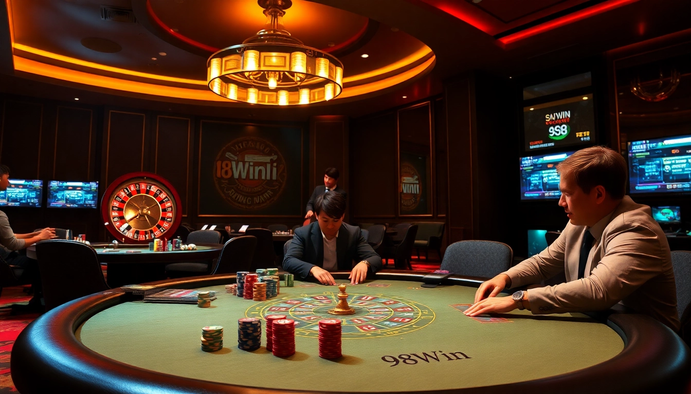 Engage in high-stakes poker at 98Win's luxurious casino setting with vibrant chips and a spinning roulette.