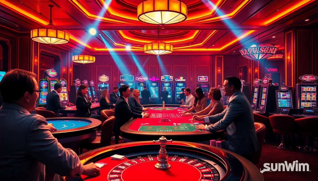 Players enjoying lively games at sunwin casino, showcasing excitement with poker chips and roulette wheels.