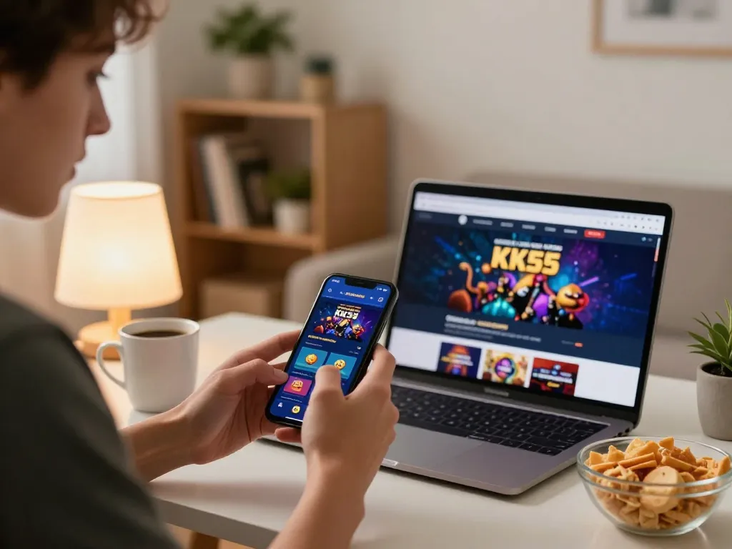 Engaging with the KK55 app for a strategic online gambling experience at home.